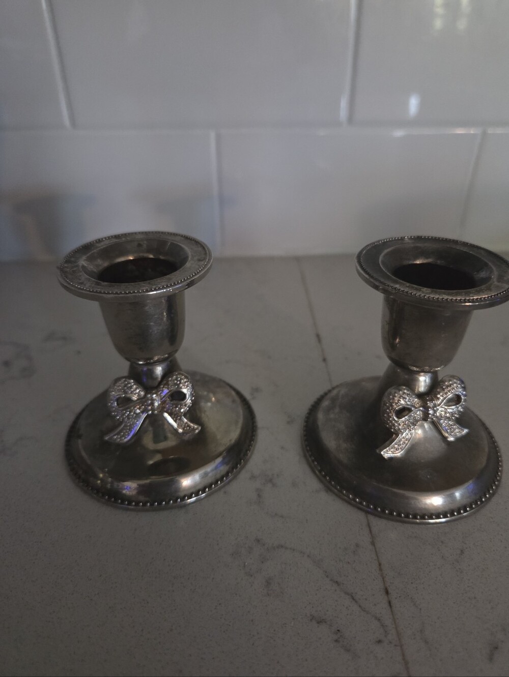 Vintage Silver Plated Bow Accent Candlestick Pair